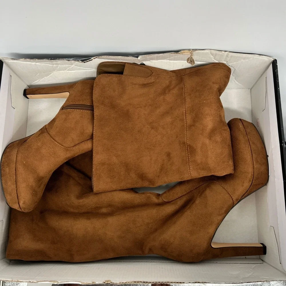 Nine West Cognac Brown Faux Suede Over The Knee Platform Boots Wide Calf 7.5M-WC